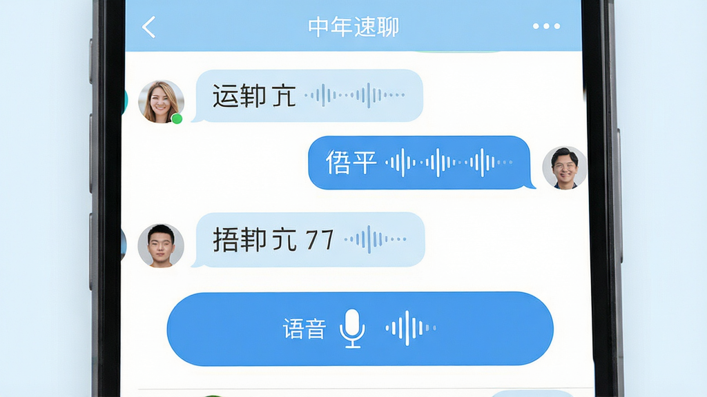 画面主体为“中年速聊”手机聊天主界面特写,大字号会话列表与醒目的语音输入按钮位于视觉中心;布局为竖屏手机正面展示,界面元素左右对称;排版以聊天气泡和联系人头像为主视觉;风格为清爽扁平化UI展示风,浅蓝与白色为主色调;细节上突出大字体、宽按钮和语音波形动画;画质清晰锐利,画面干净,无多余装饰元素