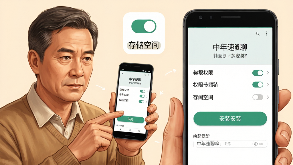画面主体为一位中年用户手持安卓手机正在操作“中年速聊”安装界面,旁边有权限开关与存储空间提示图标;布局为人物半身与手机屏幕特写组合,左侧人物右侧界面放大示意;排版突出安装按钮与权限列表;风格为写实生活插画风,暖色调为主;细节上人物表情专注,界面文字清晰;画质高清,画面干净,无多余元素