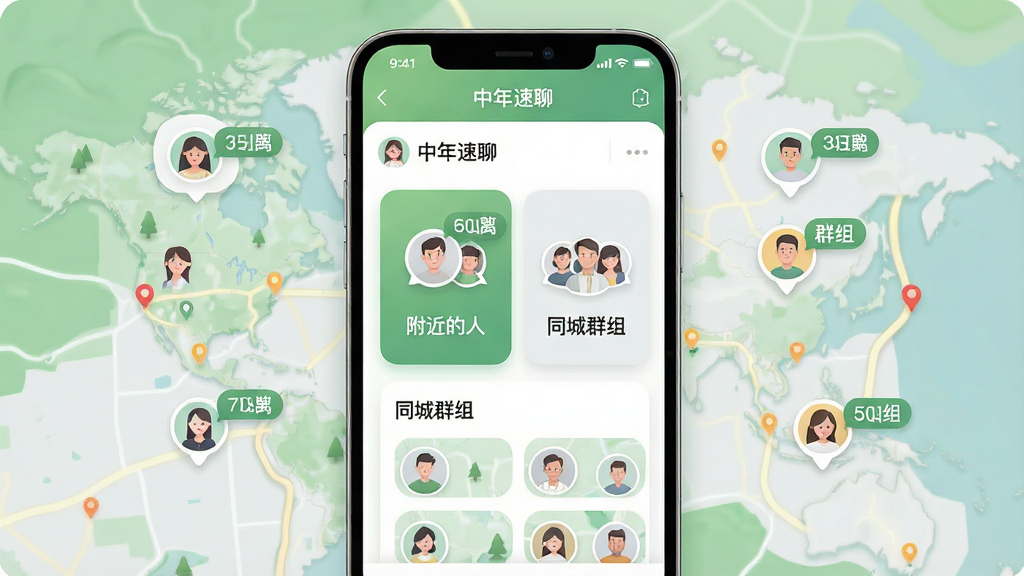 画面主体为“中年速聊”同城发现页面,地图轮廓上分布多个用户头像气泡与群组标签;布局为手机屏幕居中展示,地图元素向四周延展;排版突出“附近的人”与“同城群组”两个入口卡片;风格为轻拟物地图插画风,绿色与浅灰搭配;细节上头像气泡带有距离标签,卡片圆角柔和;画质高清,画面干净,无多余元素
