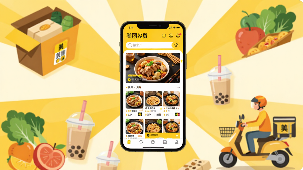 ����������һ�������ֻ�����Ļ����ʾ��������APP����ҳ���棬����������ʳͼƬ���̼��б����������ֻ���Χ�����������ͺС������߹����̲豭�����ŵ綯�����������֣����ֲ������ķ���ʽ��ͼ���ֻ����У�����Ԫ�ػ������ܣ��Ű������������Ϊ�ִ���ƽ���廭��ɫ�������ƺ�ů��Ϊ����ϸ�ڷḻ������ɾ����޶���Ԫ�أ����廭��