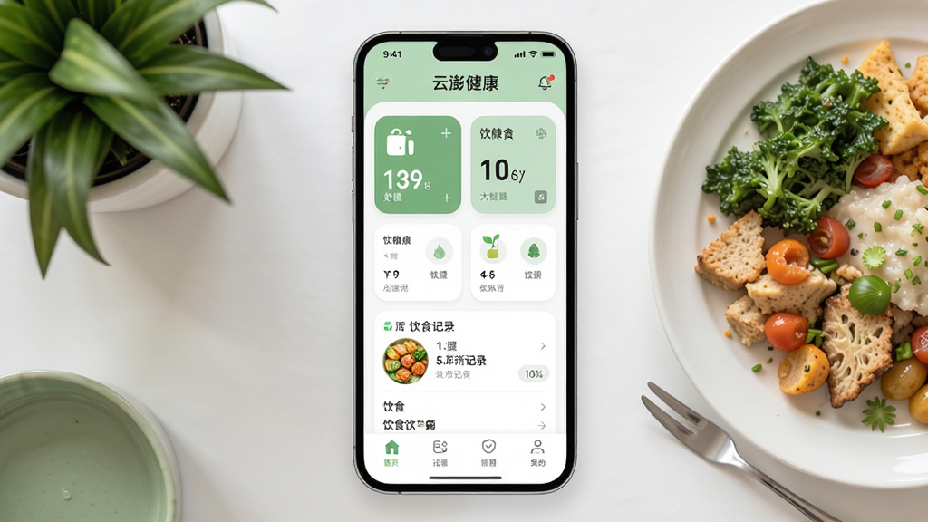 ��������Ϊһ�������ֻ�����Ļ��չʾ���콡��Ӧ�������棬�����������ݿ�Ƭ����ʳ��¼ģ�飬���岼�־��У��ֻ����������ɫֲ���뽡������Ԫ�أ��Ű������򣬷��Ϊ�ִ���ƽ��������App�Ӿ���ϸ�ڰ�����͵���ɫ���ɫ��ɫ��Բ�ǿ�Ƭ�������Ĺ���ͼ�꣬�����������ɾ����޶���Ԫ��