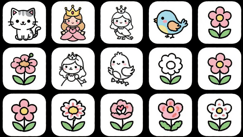 画面主体为小涂色简笔画应用内的线稿选择界面,屏幕上整齐排列着十几个分类缩略图,包括小猫、公主、小鸟、小花等简笔画图案,布局为手机界面居中展示,排版采用网格状分类陈列,风格为明亮卡通的UI界面风,细节上每个缩略图线条干净、图标圆润可爱,画质清晰干净、无多余装饰元素