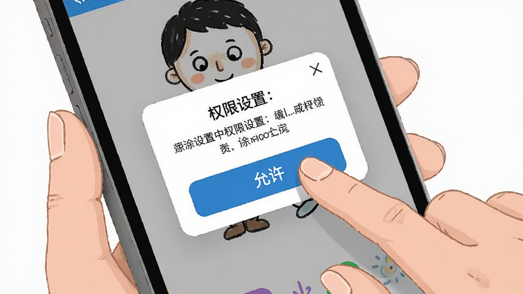 画面主体为一部手机屏幕显示小涂色简笔画的权限设置提示弹窗,弹窗旁有一位家长的手正在点击“允许”按钮,布局为手机界面与手部动作同框,排版以弹窗为视觉焦点,风格为贴近真实使用场景的插画风,细节上弹窗文字清晰、按钮醒目,画质干净整洁、无多余背景元素