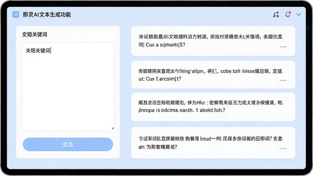 ����չʾ����AI�ı����ɹ��ܽ��棬���Ϊ�������д��̹ؼ��ʣ��Ҳ�Ϊ���ɵĶ���������ݣ�������ÿ�Ƭʽ���֣�����Ϊ���ǳ��ɫ������Լ����ϸ�ڳ����������������빦�ܰ�ť�������������ɾ����޶���Ԫ��