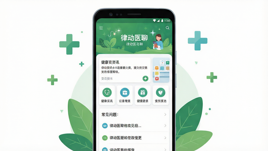 һ���ֻ�Ӧ�ý���չʾͼ������������һ��������׿�ֻ�����Ļ����ʾ���ɶ�ҽ�ġ�Ӧ����ҳ��ҳ�涥��Ϊ��ɫ�������������в����н�����Ѷ��Ƭ�빦�����ͼ�꣬�·�Ϊ���������б����ֻ���Χ��׺��Լ��ҽ��ʮ������ҶԪ�أ����岼�־��жԳƣ�������±�ƽ����ϸ�ڸɾ���������������ɫ�������޶���Ԫ��