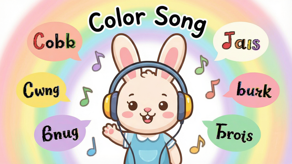 一张宝宝颜色乐园语音儿歌伴学场景的插画,主体为卡通小兔子戴着耳机听儿歌,周围环绕着彩色音符和颜色名称气泡,布局为环绕式构图,排版活泼,风格为清新儿童插画风,细节包含柔和的彩虹色背景、圆润的卡通形象和手写体英文“Color Song”,画质清晰干净,无多余元素