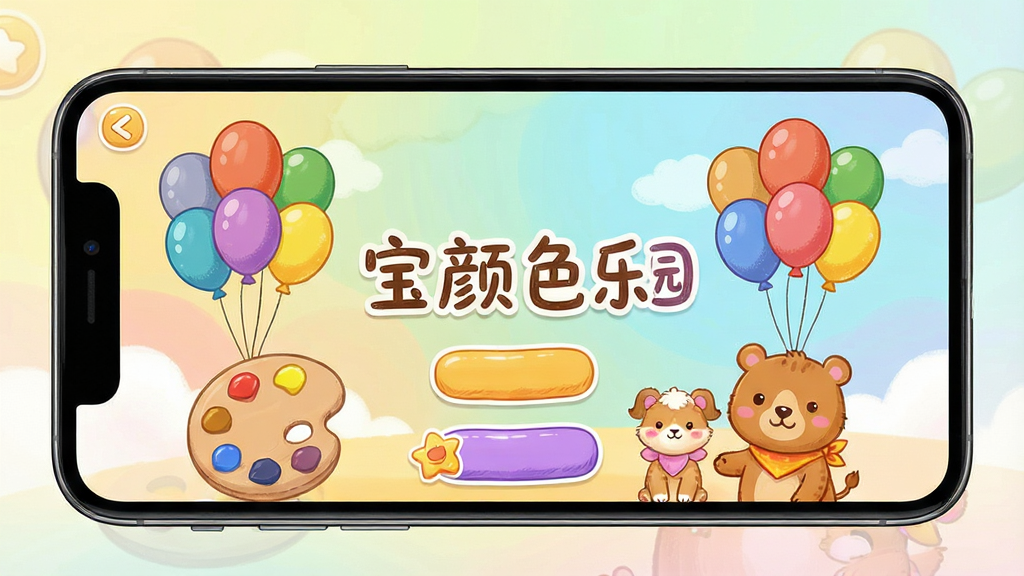 一幅卡通风格的手机应用界面展示图,画面中央是宝宝颜色乐园的主界面,包含彩色气球、调色盘和可爱的小动物角色,布局采用居中对称排版,风格为明亮活泼的儿童插画风,细节包含柔和的渐变背景、圆润的按钮和手绘质感的图标,画质清晰干净,无多余元素,图片中打文字“宝宝颜色乐园”,整体呈现温馨童趣的视觉效果