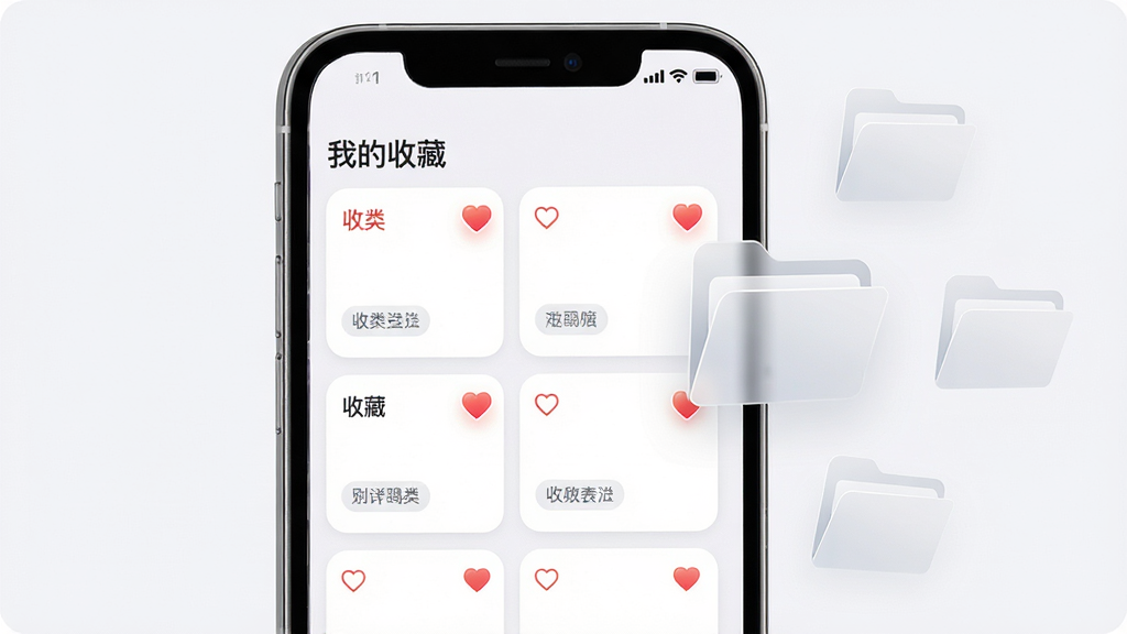 ����Ϊһ���ֻ���Ļ��д������չʾ���ҵ��ղء�ҳ�棬�ղ��б��Կ�Ƭ��ʽ���֣�ÿ�ſ�Ƭ���������ղر��������ǩ����Ļ�Ա�Ư���ż�����͸�����ļ���ͼ�ꣻ����Ϊ�ֻ����У��ļ���ͼ�껷���ֻ��Ҳࣻ���Ϊ�ִ���Լ���ƶ���UIչʾ���ϸ�ڰ�����ƬԲ�ǡ��ղر�ǵĸ���Ч�������ʸ��壬����ɾ����޶���Ԫ��