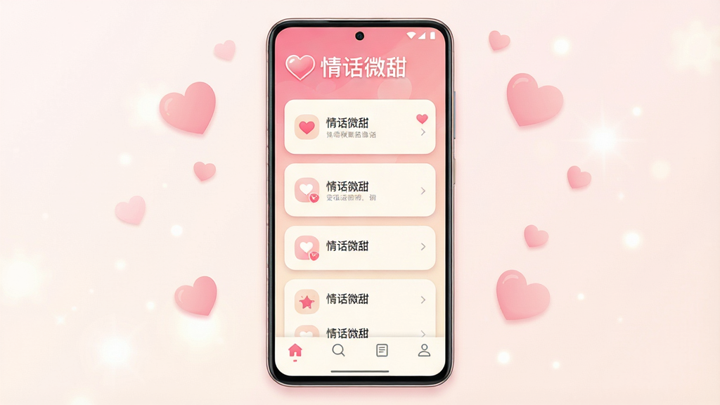 ����Ϊһ��������׿�ֻ�����Ļ������ʾһ����Ϊ���黰΢�𡱵���������Ӧ�ý��棬������÷�ɫ���װ׽�����ɫ���Ϸ��а���ͼ���롰�黰΢�����ֱ�ʶ���в�Ϊ��Ƭʽ�黰�б����ײ�Ϊ���ർ����������Ϊ�ֻ����з��ã����ܵ�׺����ɫ�������ߣ��Ű������죬ͻ��Ӧ�������棻���Ϊ���������ı�ƽ��UIչʾ���ϸ�ڰ���Բ�ǿ�Ƭ�������Ӱ��ϸ���ͼ�����������ʸ��壬����ɾ����޶���Ԫ��