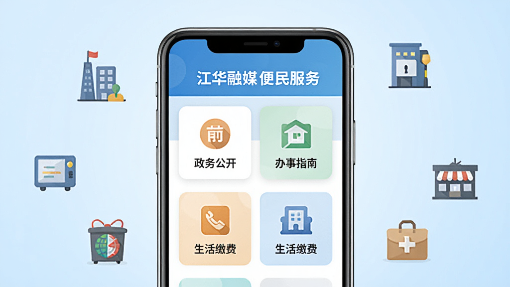 ����չʾһ���ֻ���Ļ�ڳ��ֽ�����ý�������ҳ�棬ҳ���а������񹫿�������ָ�ϡ�����ɷѵ�ͼ�갴ť���ֻ���Χ��׺���з�����صı�ƽ��Сͼ�꣬����Ϊ����ɫ���䣬��������죬���־���ͻ���ֻ����棬ϸ������չʾ��������ڣ����ʸ��壬�ɾ�������Ԫ��