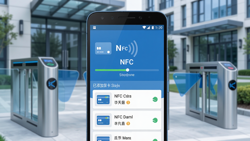 �ֻ��Ž���NFC����������չʾ������������һ����׿�ֻ�����Ļ��ʾNFC�Ž���ģ�⹦�ܽ��棬�п�Ƭ��ȡ�������������ӵ��Ž����б�������Ϊ�ִ�С���Ž�բ����칫¥բ�����������岼�����������ñ�ƽ���Ƽ������ɫ���ɫΪ��ɫ����ϸ�ڰ���NFC����ͼ�ꡢ��Ƭͼ�ꡢ״̬��ʾ���֣����ʸ��壬�ɾ����࣬�޶���Ԫ��