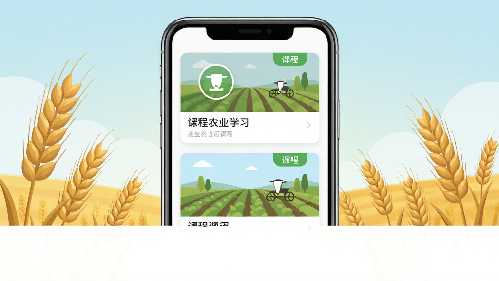 ��������Ϊһ̨�����ֻ�����չʾũҵѧϰ��APP���棬��Ļ���пγ̿�Ƭ��ũ��廭������Ϊ�ֻ����С�����Ϊ��ɫ�����뵭����գ��Ű����ֻ��·������հ����򣬷��Ϊ����дʵ���ִ���ƽ�廭�磬ϸ�ڰ��������������γ�ͼ������ɫ��ǩ�����ʸ��塢�ɾ����޶���Ԫ��