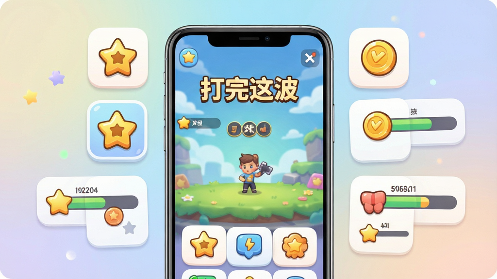 一张游戏特色展示图,画面主体是一部手机屏幕中显示
