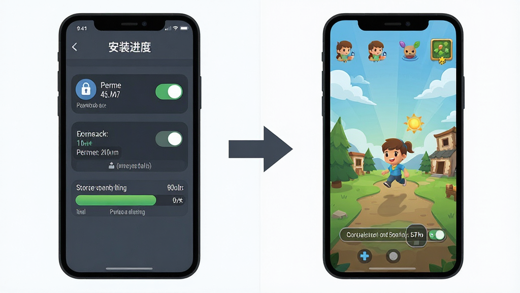 一张手机游戏安装与运行示意图,画面左侧是安装进度界面,右侧是游戏正常运行画面,中间用箭头连接,布局为左右对比构图,风格为简洁扁平化信息图,细节包括权限开关图标和存储空间提示条,画质清晰干净,无多余元素