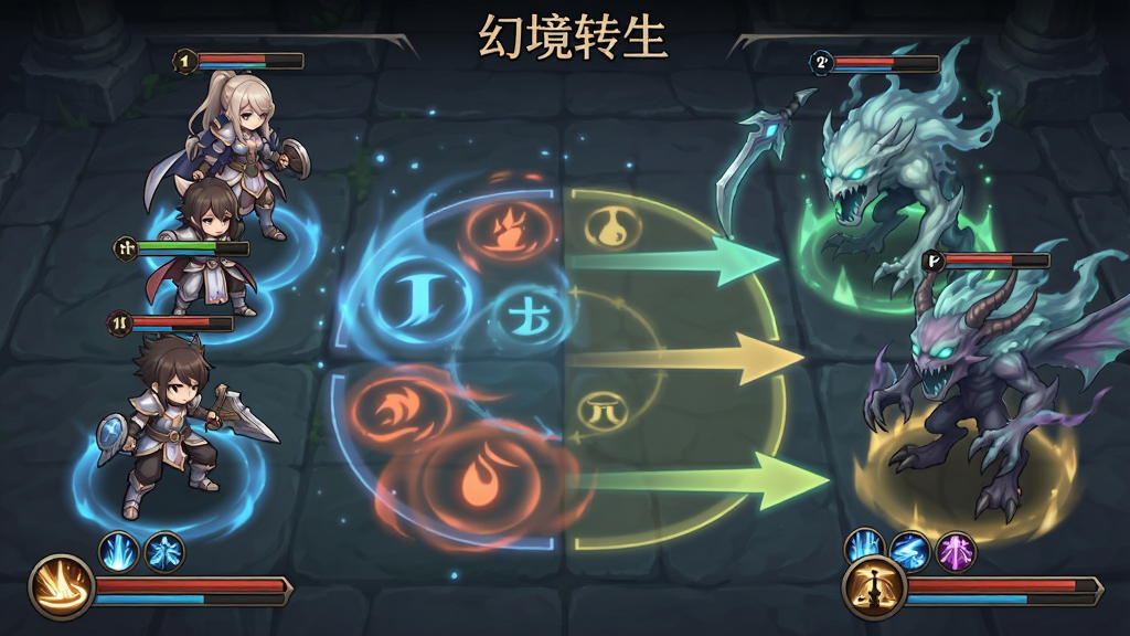 一幅回合制战斗场景的概念图,画面为俯视斜角视角,左侧排列三名己方角色,右侧为两只幻境怪物,地面有属性克制光效与连携箭头标识,画面顶部书写“幻境转生”小字,布局为左右对峙构图,风格为日系RPG战斗界面插画,细节包含技能图标与血条,画质高清干净无多余元素