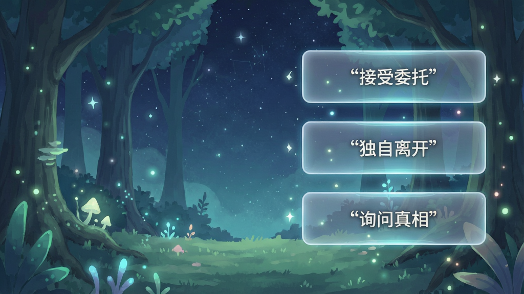 一张日系幻想风格的游戏剧情选择界面概念图,画面中央悬浮着三个发光的对话选项面板,背景是星空下的幻境森林,面板上用引号标注“接受委托”“独自离开”“询问真相”三个选项文字,布局为纵向排列于画面右侧,风格为柔和扁平插画,细节包含微光粒子与半透明UI边框,画质清晰干净无多余元素