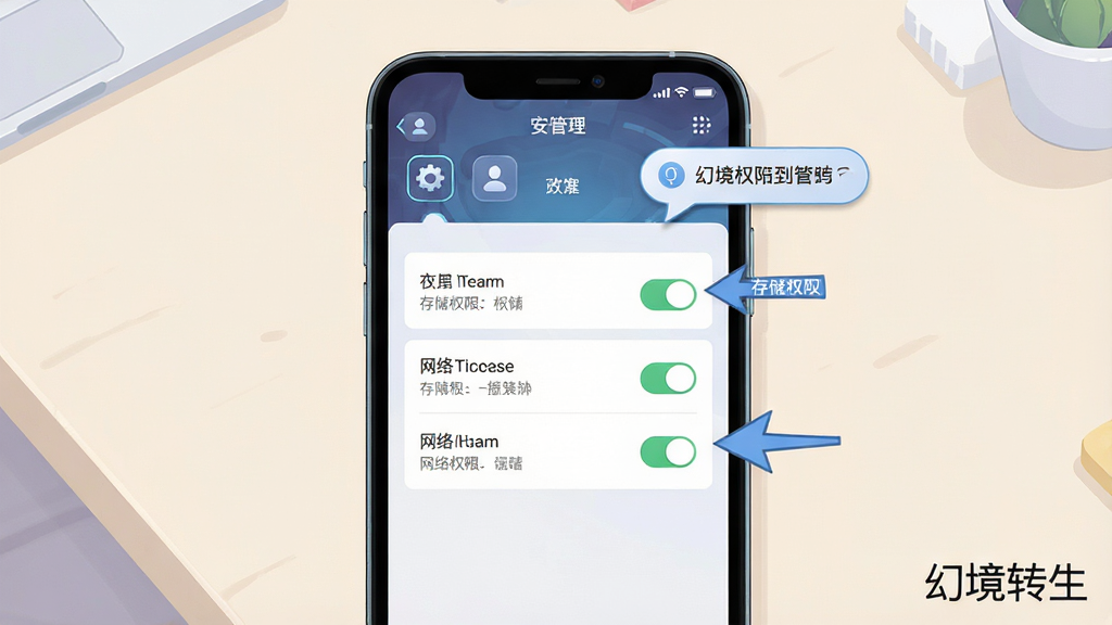 一张手机游戏安装设置界面的概念图,画面为一部智能手机屏幕显示权限管理页面,屏幕旁有箭头指向存储权限与网络权限开关,背景为浅色桌面,画面角落书写“幻境转生”小字,布局为居中手机特写构图,风格为简洁科技插画,细节包含设置图标与提示气泡,画质清晰干净无多余元素