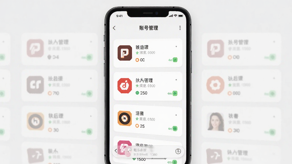 ��������Ϊһ���ֻ�����Ļ��ʾ�˺Ź����б����棬����˺ſ�Ƭ�������У�ÿ�ſ�Ƭ����ƽ̨ͼ����״̬��ʶ�����־��жԳƣ�����ƽ����ƣ�ϸ�����������ʸɾ����޶���Ԫ��