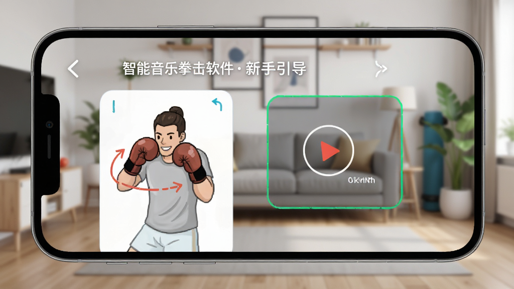 智能音乐拳击软件的新手引导界面截图风格图片,手机屏幕显示出拳姿势示意图与设备感应区域标注,背景为简洁居家训练空间,风格清晰友好,细节到位,画质干净