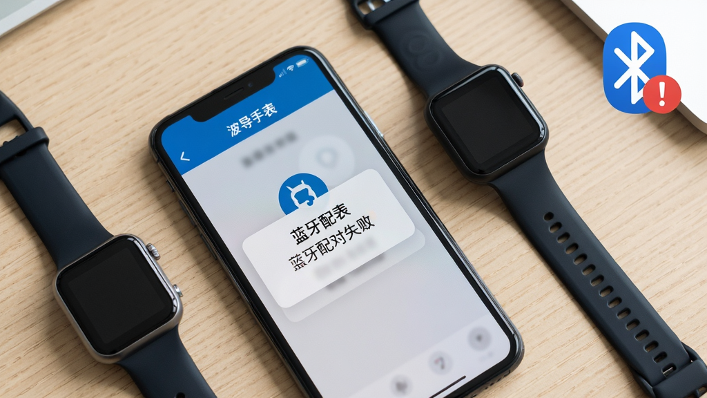 画面主体为一部手机放置在桌面上,屏幕显示“波导手表”App的蓝牙配对失败提示弹窗,手机旁边放着一块智能手表,画面一角有蓝牙图标和感叹号;布局为桌面俯拍构图,手机与手表呈对角线摆放;排版突出弹窗内容;风格为问题排查场景展示风;细节上弹窗文字清晰、手表屏幕熄灭、桌面为浅木纹;画质高清、干净、无多余元素