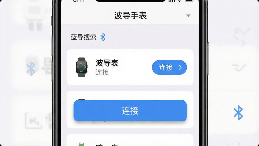 画面主体为一部手机屏幕特写,屏幕上显示“波导手表”App的蓝牙搜索连接界面,列表中出现手表设备名称并带有“连接”按钮,旁边配一个蓝牙信号图标;布局为手机居中、界面元素纵向排列;排版突出连接按钮;风格为扁平化UI展示风;细节上界面文字清晰、按钮有轻微阴影、背景干净;画质高清、干净、无多余元素