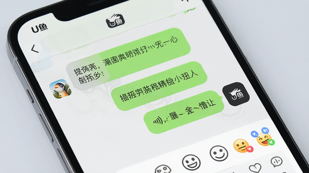 一部手机屏幕特写,画面中显示U鱼的聊天对话界面,气泡消息排列整齐,包含文字与语音条,屏幕上方有“U鱼”标识,背景为柔和浅灰,风格清爽,细节包括圆角输入框、发送按钮、表情面板,画质清晰,干净无杂乱元素