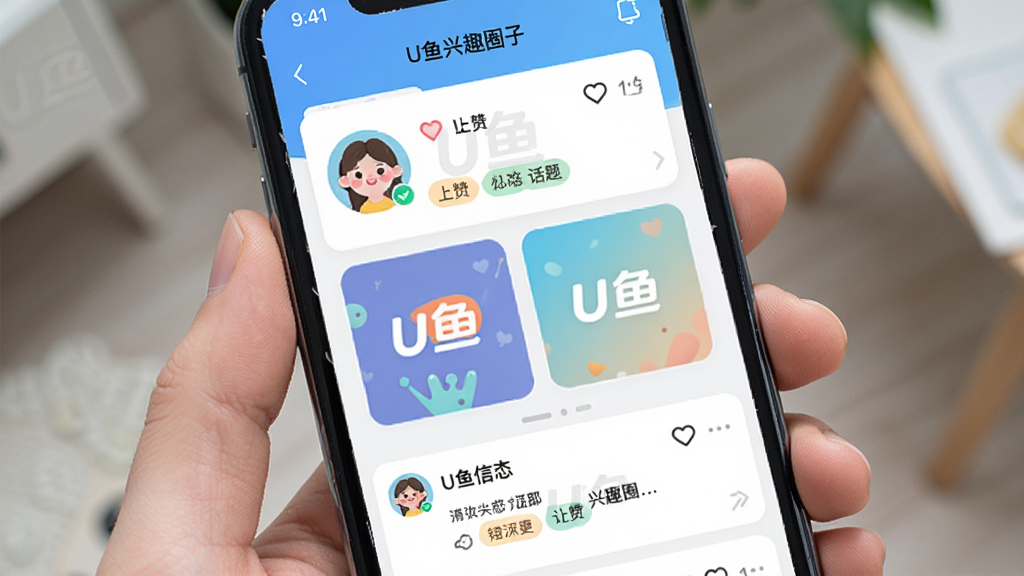手机屏幕展示U鱼兴趣圈子页面,画面中有多个圈子卡片和动态信息流,卡片上带有“U鱼”水印字样,布局为上下滚动式,风格活泼清新,细节包括头像、点赞图标、话题标签,画质高清,画面整洁无多余装饰