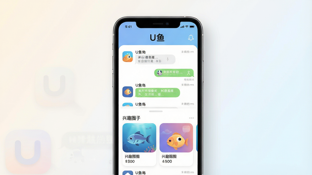 一张手机屏幕展示U鱼应用主界面的场景图,画面中央是手机正视图,屏幕内呈现聊天列表与兴趣圈子卡片布局,顶部有“U鱼”字样,背景为浅色渐变,风格简洁现代,细节包括圆角图标、柔和阴影、清晰文字排版,画质高清,画面干净,无多余元素