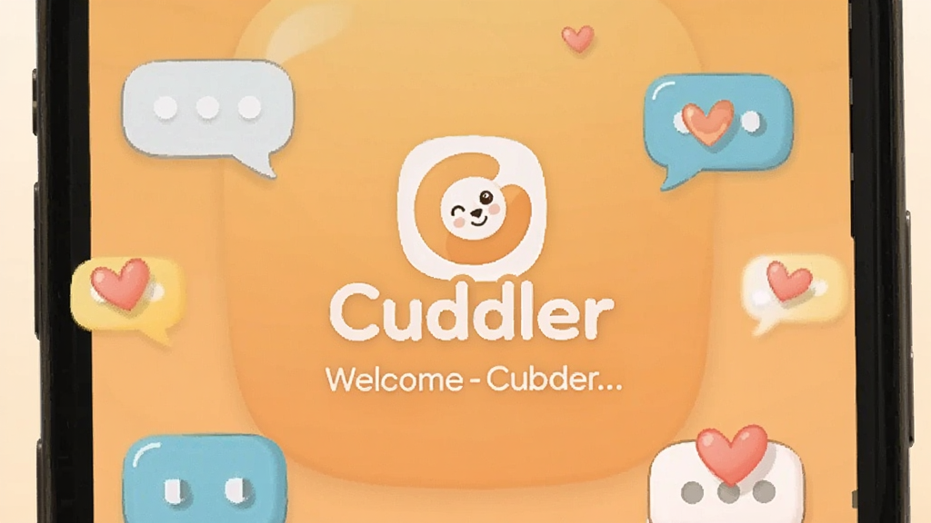 一张展示Cuddler软件主界面的手机屏幕截图,画面中央是软件logo和欢迎语,背景为温暖的浅橙色渐变,周围环绕着几个卡通风格的对话气泡和爱心图标,整体风格清新可爱,画质清晰,布局简洁,无多余杂乱元素