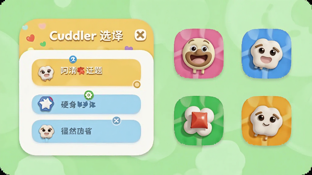 Cuddler软件内互动小游戏界面展示,画面中有一个圆角卡片式的话题选择面板和几个彩色游戏图标,背景为浅绿色,风格活泼明快,布局整齐,画质清晰无噪点