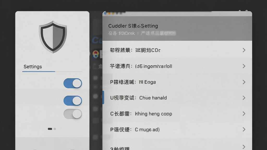 Cuddler软件隐私设置页面示意图,画面展示一个带盾牌图标的设置面板,包含开关按钮和权限选项列表,背景为深灰色调,风格简约商务,文字清晰,画质干净
