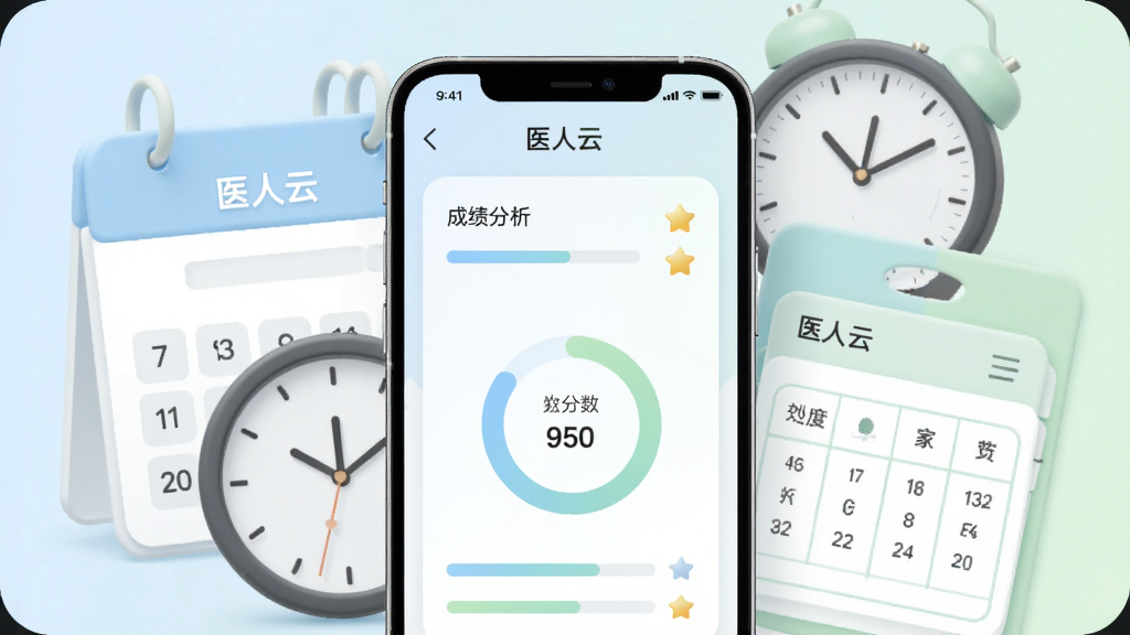 画面展示“医人云”模拟考试结果页面,一部手机居中显示成绩分析图表与分数环形图,手机后方为日历、时钟、答题卡等元素层层叠放,整体采用柔和圆角卡片式排版,风格清新浅色,配色以浅蓝和淡绿为主,细节加入进度条与星级标识,画面干净无多余元素,高清画质,界面内文字标注“医人云”