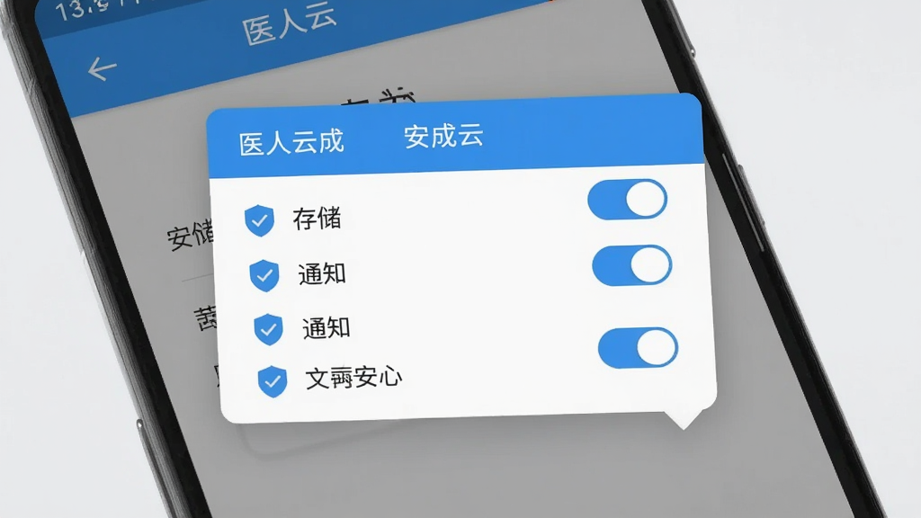一部安卓手机屏幕显示“医人云”安装完成后的权限设置页面,画面采用手机加悬浮弹窗的构图,弹窗内列出存储、通知等权限开关,背景为浅灰色,风格简洁商务,配色以蓝白灰为主,细节加入盾牌与对勾图标强调安全,画面干净无多余装饰,高清画质,界面文字标注“医人云”