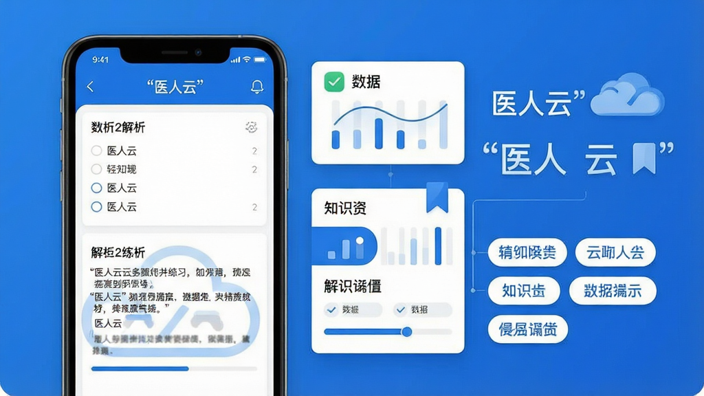 一张以“医人云”题库练习界面为主体的展示图,画面左侧为手机屏幕显示选择题与解析内容,右侧漂浮着数据统计卡片与知识点标签,整体布局左图右文,采用扁平化信息图风格,配色以蓝色和白色为主,细节处加入对勾、书签、进度条等元素,画面干净整洁,高清画质,文字使用引号标注“医人云”
