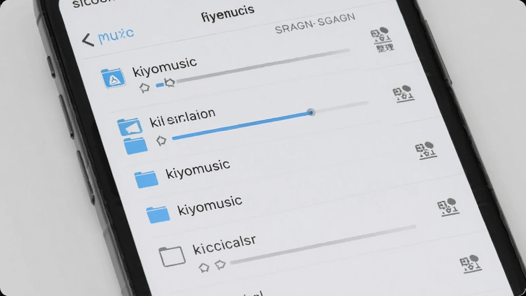 һ���ֻ���Ļ��ʾkiyomusic��������ɨ����棬�б��������Ű��ļ��з���ĸ�����Ŀ���Ա�����ɨ�������������ͼ�꣬����Ϊ���ǳ��ɫ��������ɾ����䣬��������������ͻ����������Ԫ��