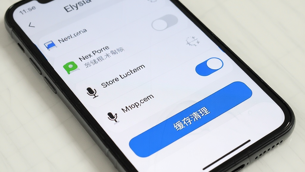 手机屏幕展示Elysia设置页面中的权限管理与存储清理界面,页面包含通知权限、存储权限、麦克风权限开关以及缓存清理按钮,界面风格简洁,浅色背景搭配蓝色强调色,画面干净清晰,无多余元素