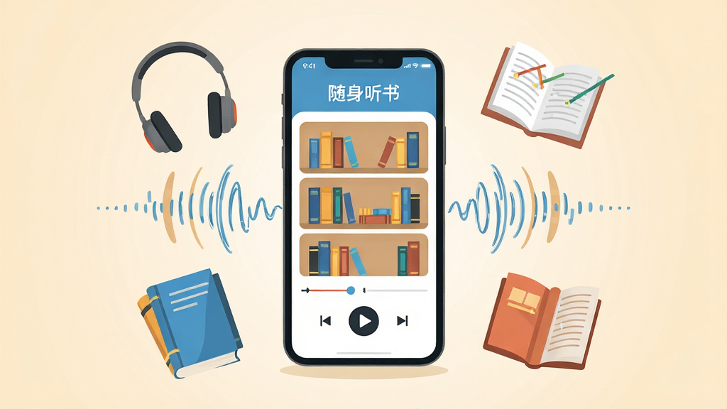 画面中央放置一部智能手机,屏幕显示“随身听书”应用主界面,界面中有书架列表与播放控制按钮,手机周围环绕耳机、书本、声波线条等元素,背景为浅米色渐变,整体采用扁平化插画风格,布局居中对称,细节干净利落,画质清晰,无多余装饰元素