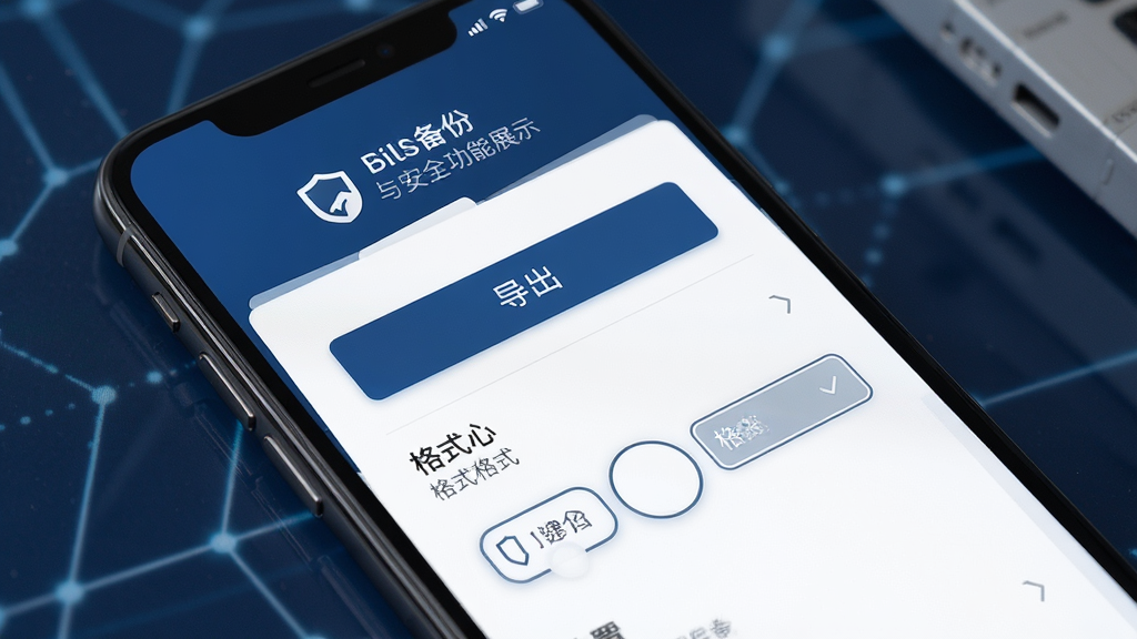 Bills数据备份与安全功能展示,手机屏幕显示导出备份设置界面,有导出按钮和格式选择选项,界面风格稳重安全,配色以深蓝和白色为主,布局清晰,画质干净,无多余元素