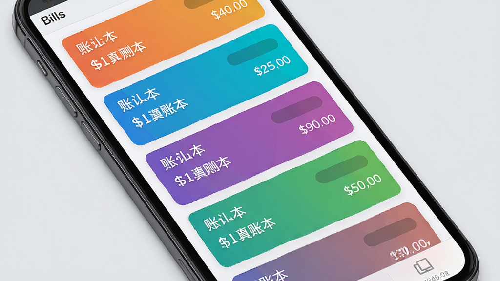 Bills多账本管理界面展示,手机屏幕显示多个账本卡片列表,每张卡片上有账本名称和余额信息,卡片颜色各异便于区分,背景为浅灰色,风格简洁商务,细节清晰,画质干净,无多余元素