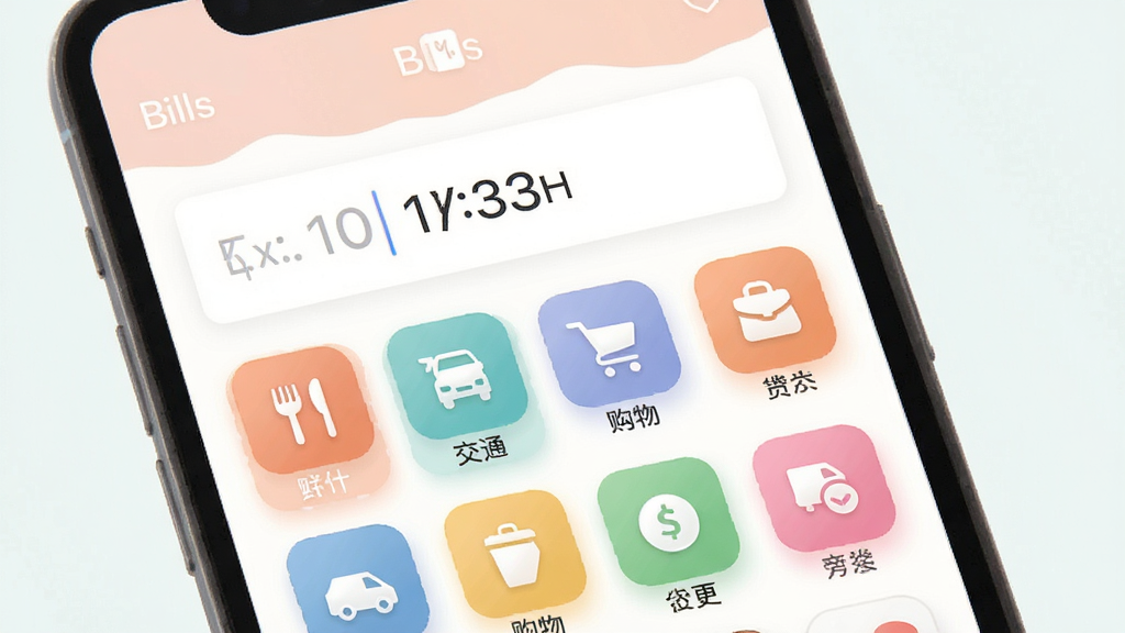 Bills应用快速记账功能界面展示,手机屏幕中央显示金额输入框和分类图标网格,图标包括餐饮、交通、购物等,界面风格扁平化设计,色调柔和,布局清晰,画质干净,无多余元素