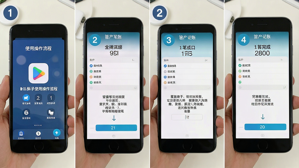 Bills新手使用操作流程示意图,手机屏幕展示从打开应用到完成一笔记账的四个步骤截图拼接,每步有数字标注和简短文字说明,风格教程类清晰明了,布局整齐,画质干净,无多余元素