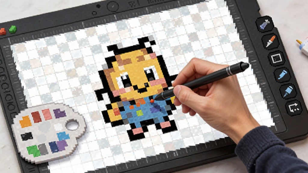 PixelBoard���ػ滭����������չʾһ���Ŵ�����ػ����������������ɼ���һֻ��д�����ڵ���ɫ���ؿ飬�������Ѿ�����һ���ɰ������ؽ�ɫ�������Ա��е�ɫ�̺͹��߰�ť��������ִ��������������޶���Ԫ��