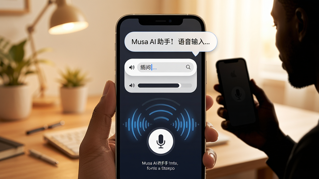 Musa AI�����������볡�����ֻ���Ļ��ʾ��˷簴ť��������ɢ��������Ļ�Ϸ�����תд�������ݣ�����Ϊ�Ӽ��������ֳ��ֻ��ļ�Ӱ���������ֻ�Ϊ���ģ������ů������ϸ�ڰ���Բ�����������������ʾ���֣����ʸ��壬����ɾ����޶���Ԫ��