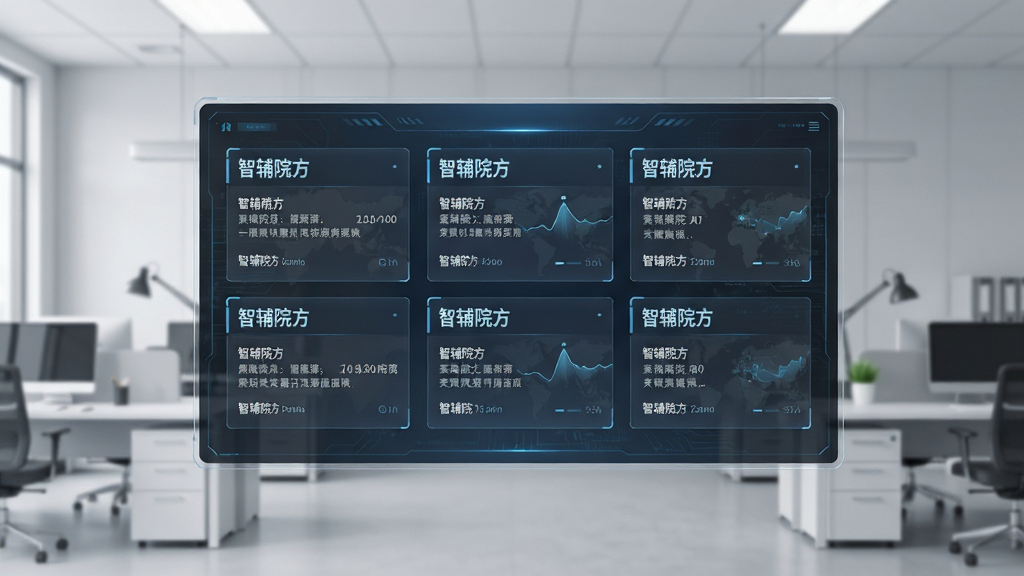 画面主体为一块悬浮的数字化信息面板,面板上以卡片形式排列多组案件信息条目,每张卡片标注“智辅院方”字样,背景为淡灰色办公环境,布局整齐对称,风格现代科技感,细节丰富,画质清晰,干净无多余元素