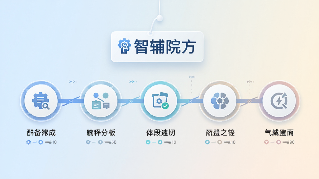 画面主体为一条横向延伸的流程时间线,节点以圆形图标标注不同阶段,时间线上方悬浮“智辅院方”标识,背景为浅色渐变,布局简洁清晰,风格扁平化信息图,细节精致,画质高清,干净无多余元素