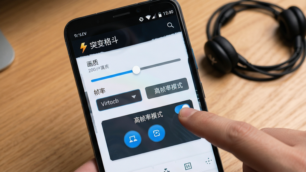 ����չʾһ����׿�ֻ���Ļ��д����Ļ����ʾ��ͻ��񶷡������ò˵����棬�������ʵ��ڻ��顢֡��ѡ�������ⰴ�����ֵ�����һֻ�����ڵ����Ļ�ϵġ���֡��ģʽ�����أ�����Ϊľ������������ߣ����Ϊ�����Ʒ������Ӱ�磬�������ֻ���ĻΪ�������壬ϸ����������UI������ͼ�꣬��������������ɾ��޶�������
