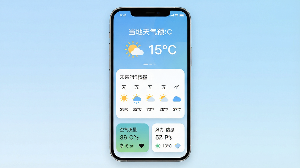 ������һ�������ֻ�����չʾ����Ӧ�ý��棬����Ϊ������ʾ���������뵱ǰ�¶ȣ��в�Ϊδ��������������ͼ�����У��ײ�Ϊ���������������Ϣ��Ƭ���Ű������������Ϊ�ִ���ƽ����ƣ�ϸ�ڰ�������ɫ���䱳������ɫԲ�ǿ�Ƭ��̫�����ƶ�ͼ�꣬���ʸ���ɾ��޶���Ԫ�أ���������ʾ���֡���������Ԥ����