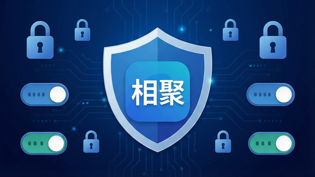 一张以账号安全为主题的示意图,画面中央为盾牌图标与“相聚”应用标识结合,周围环绕锁形图标与权限开关按钮,背景为深蓝色科技感渐变,布局对称,风格现代简约,细节清晰,画质高清,干净无多余元素