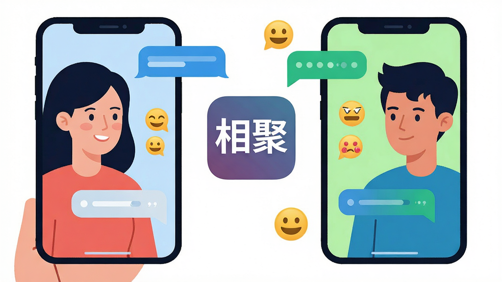 两个人通过手机屏幕进行对话的场景插画,画面左侧为发送消息的用户,右侧为接收消息的用户,中间以“相聚”应用图标作为视觉连接点,周围环绕消息气泡与表情符号,布局对称均衡,风格扁平化插画,色彩明快,细节简洁,画质清晰,干净无多余元素