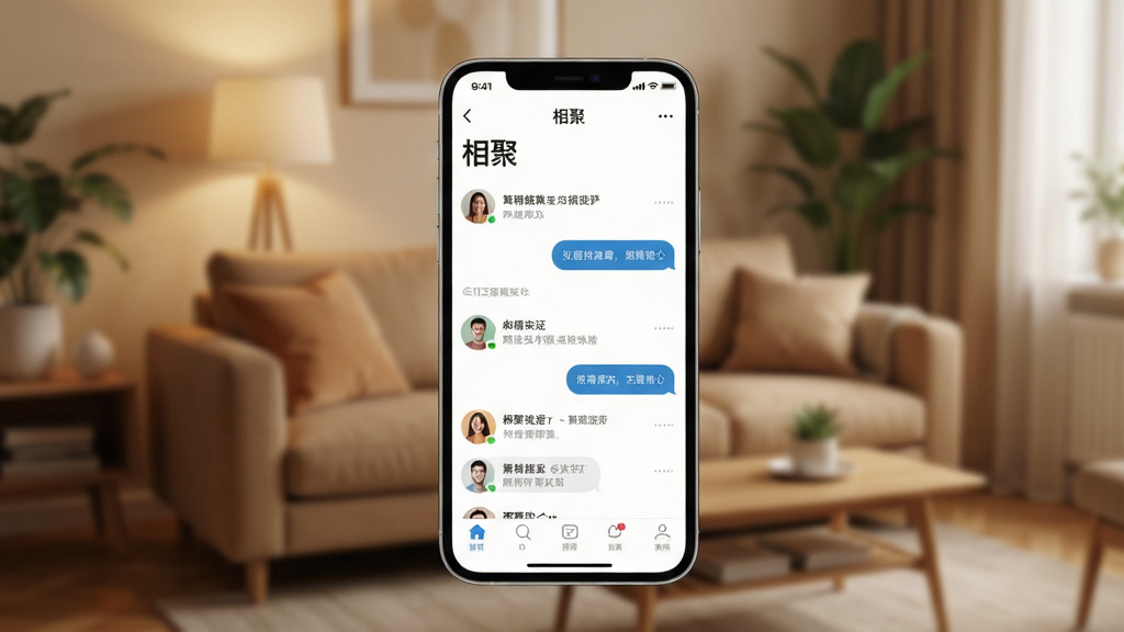 一张展示移动端社交应用界面的场景图,画面中央是一部智能手机,屏幕显示名为“相聚”的应用主界面,界面包含聊天列表、联系人头像与消息气泡等元素,背景为温馨的暖色调客厅环境,布局简洁清晰,风格现代写实,细节丰富,画质高清,干净无多余元素